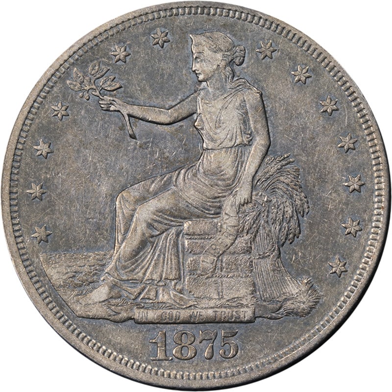 Carson City 1875 Trade Dollar Silver Coin AU Grade: Carson City 1875 Trade Dollar Silver Coin AU Grade This 1875-CC Trade Dollar features a striking design with great eye appeal and nice surfaces. Graded as Nice AU, this coin showcases vivid color and 