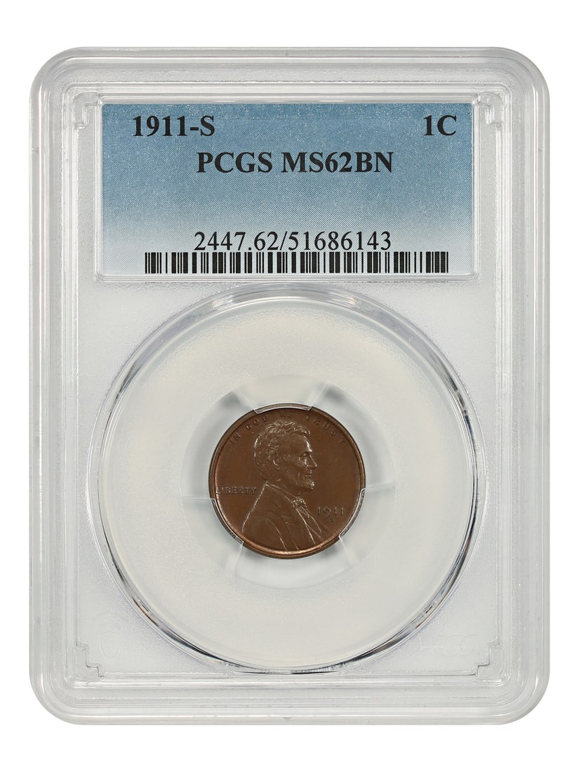 San Francisco 1911 Lincoln Wheat Cent PCGS MS62BN Certified: San Francisco 1911 Lincoln Wheat Cent PCGS MS62BN Certified This 1911-S Lincoln Cent features the classic Wheat Reverse design and was minted in San Francisco. Certified by PCGS with a grade of MS62BN