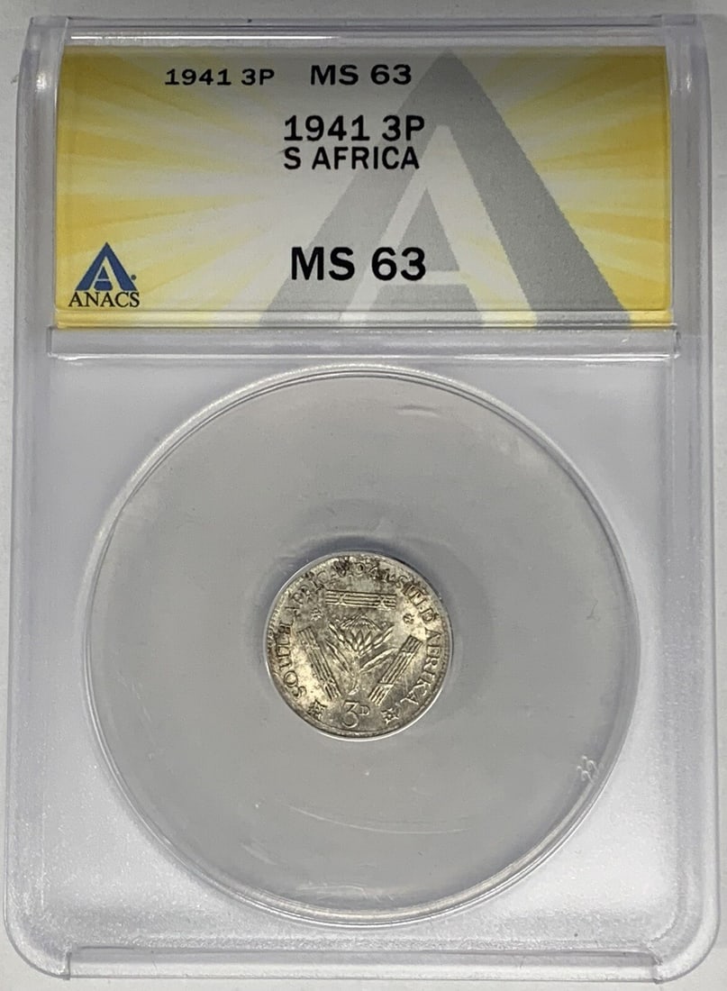 South Africa 1941 Silver 3 Pence Coin ANACS MS 63 Certified: South Africa 1941 Silver 3 Pence Coin ANACS MS 63 Certified This is a 1941 South Africa 3 Pence coin graded MS 63 by ANACS. It is composed of silver and remains in uncirculated condition. The coin is 
