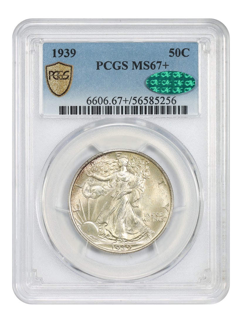 PCGS CAC MS67 Plus 1939 Walking Liberty Half Dollar Coin: PCGS CAC MS67 Plus 1939 Walking Liberty Half Dollar Coin This 1939 Walking Liberty Half Dollar is graded MS67+ by PCGS and features CAC approval. Struck at the Philadelphia Mint, this uncirculated coi