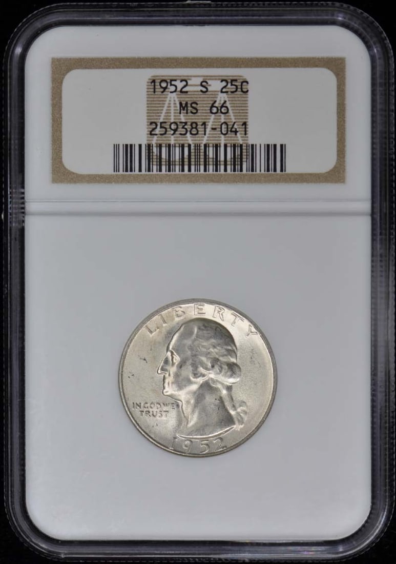 1952-S NGC MS66 Uncirculated Washington Quarter Coin: 1952-S NGC MS66 Uncirculated Washington Quarter Coin This 1952-S Washington Quarter is certified by NGC with a remarkable grade of MS66, indicating its uncirculated condition. Minted in San Francisco,