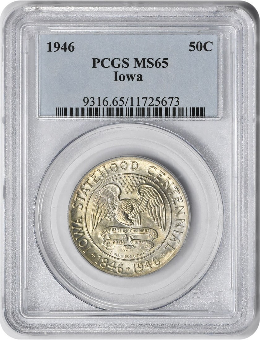 1946 PCGS MS65 Silver Iowa Commemorative Half Dollar Coin: 1946 PCGS MS65 Silver Iowa Commemorative Half Dollar Coin This 1946 Iowa Commemorative Half Dollar is an uncirculated coin graded MS65 by PCGS. Struck in Philadelphia, it is composed of 90% silver and