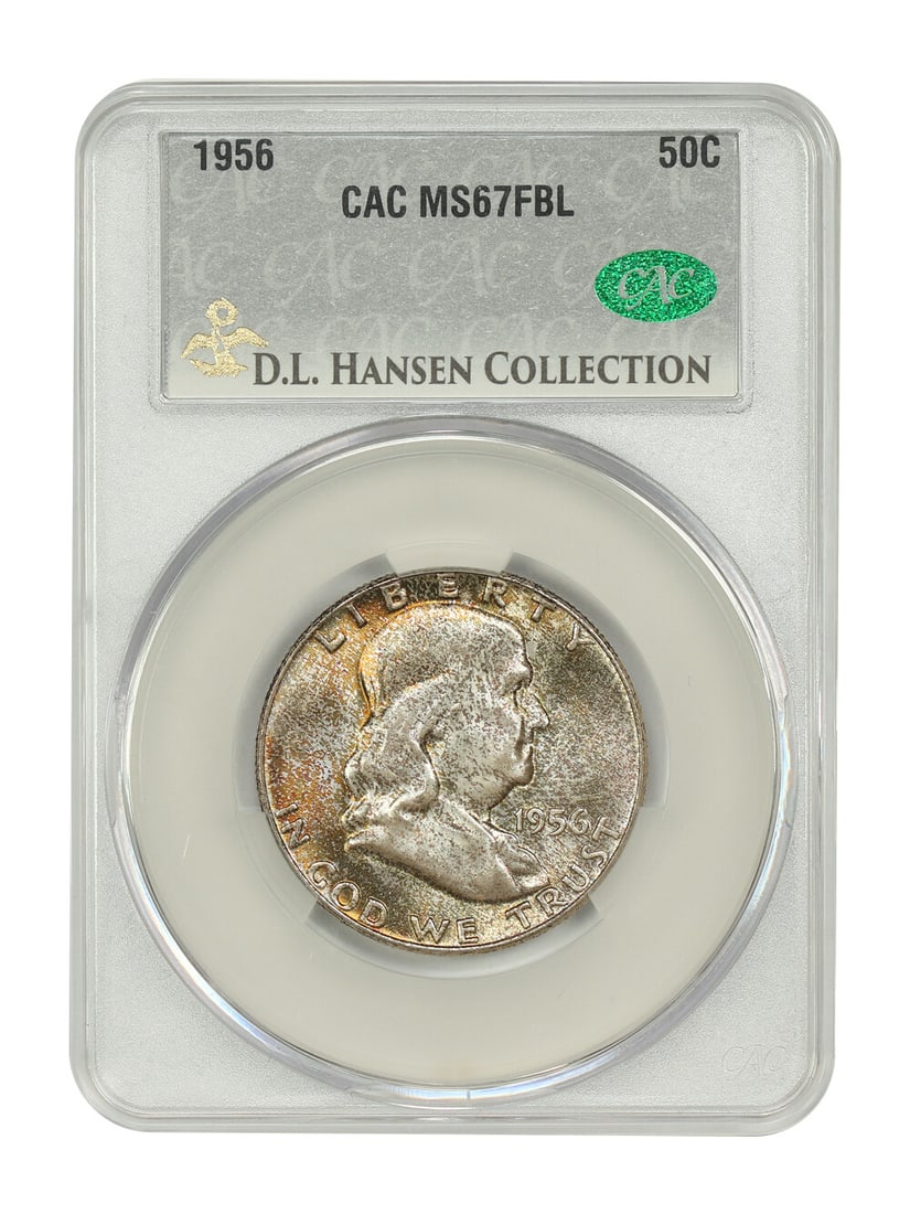 1956 Franklin Half Dollar CACG MS67FBL Stunning Toning D.L. Hansen: 1956 Franklin Half Dollar CACG MS67FBL Stunning Toning D.L. Hansen This 1956 Franklin Half Dollar, certified by CACG with the number 244125512, is an uncirculated specimen graded MS67FBL. It features 