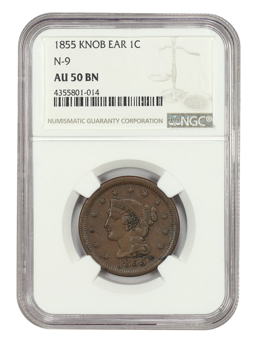 NGC AU50 1855 Braided Hair Cent Knob On Ear Variety: NGC AU50 1855 Braided Hair Cent Knob On Ear Variety This 1855 Braided Hair Cent features the N-9 variety with a distinct knob on the ear. Graded AU50 BN by NGC, this circulated large cent was minted i