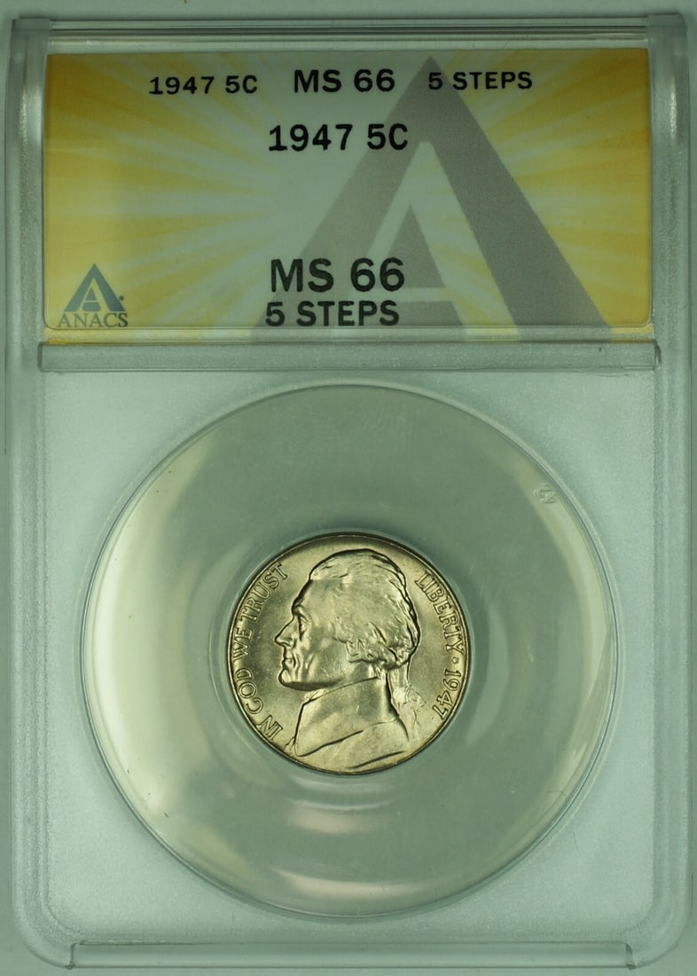 1947 United States 5C Jefferson Nickel ANACS MS 66 Five Steps: 1947 United States 5C Jefferson Nickel ANACS MS 66 Five Steps This 1947 Jefferson Nickel features a denomination of 5 cents and is certified by ANACS with a grade of MS 66, indicating an uncirculated 