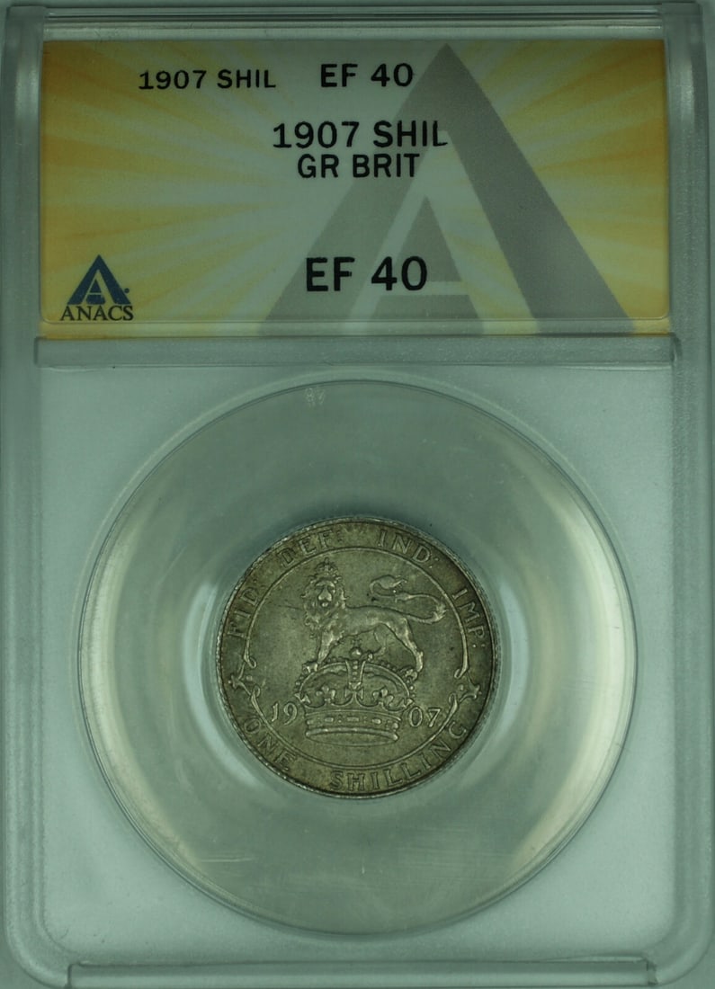 Edward VII 1907 Silver Shilling ANACS XF 40 United Kingdom Coin: Edward VII 1907 Silver Shilling ANACS XF 40 United Kingdom Coin This is a 1907 Great Britain one shilling coin featuring King Edward VII. The coin is composed of 0.925 fine silver and has been graded 