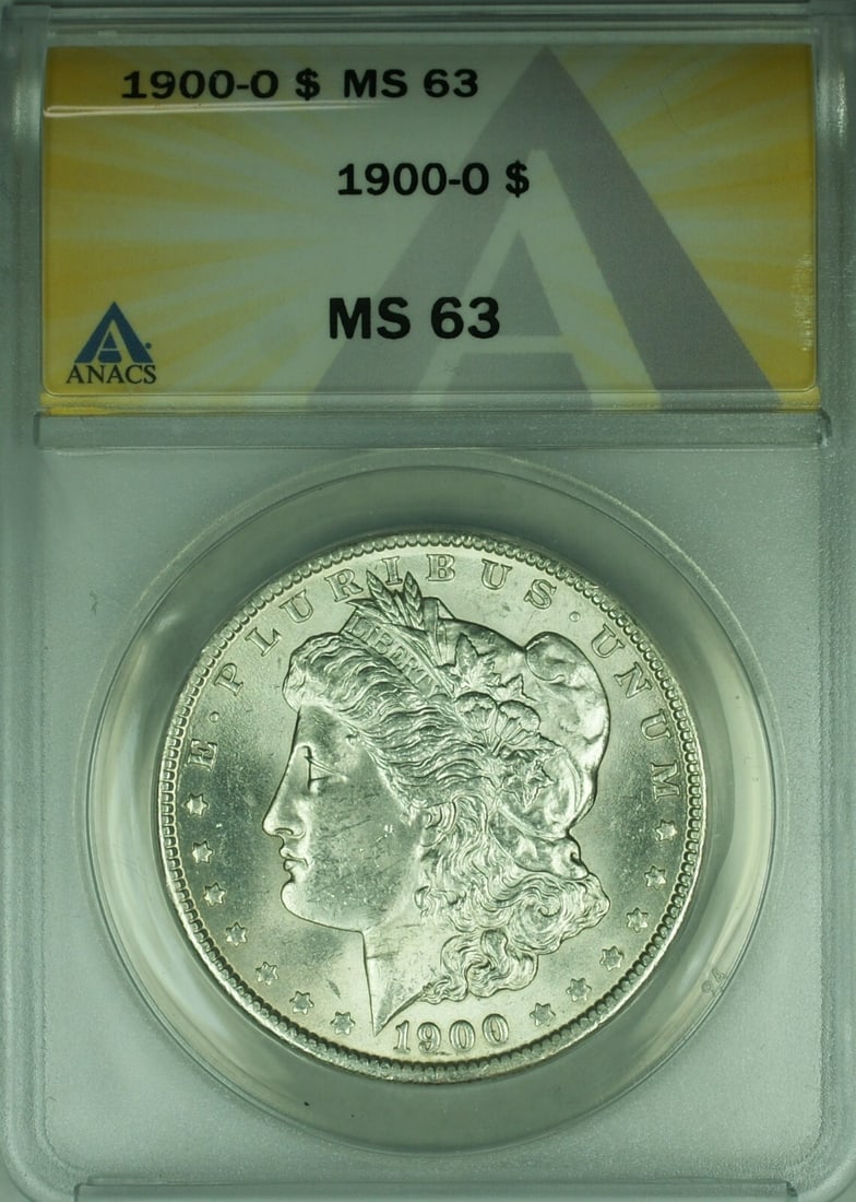 ANACS MS-63 1900-O Morgan $1 Silver Dollar Uncirculated Coin: ANACS MS-63 1900-O Morgan $1 Silver Dollar Uncirculated Coin This is a 1900-O Morgan Silver Dollar $1 coin, certified and graded MS-63 by ANACS. Minted in New Orleans, this uncirculated coin is compos