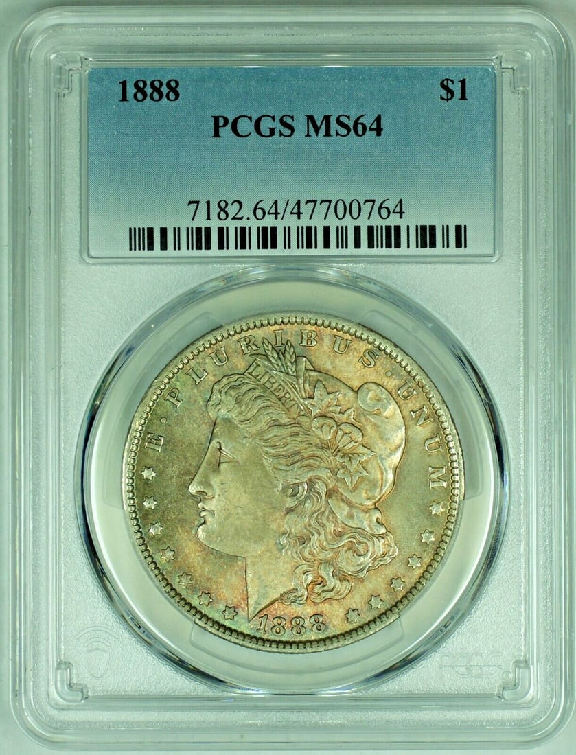 PCGS MS64 1888 Morgan Silver Dollar Toned Uncirculated Coin: PCGS MS64 1888 Morgan Silver Dollar Toned Uncirculated Coin This is an 1888 Morgan Silver Dollar featuring a natural toned finish and graded MS 64 by PCGS. The coin is uncirculated and made of silver,