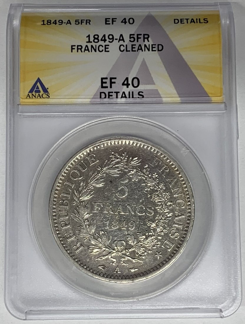 ANACS XF 40 1849-A Silver 5 Francs France Coin: ANACS XF 40 1849-A Silver 5 Francs France Coin This 1849-A France 5 Francs coin is certified by ANACS with a grade of XF 40. It is a circulated silver coin, originating from France, and represents a s