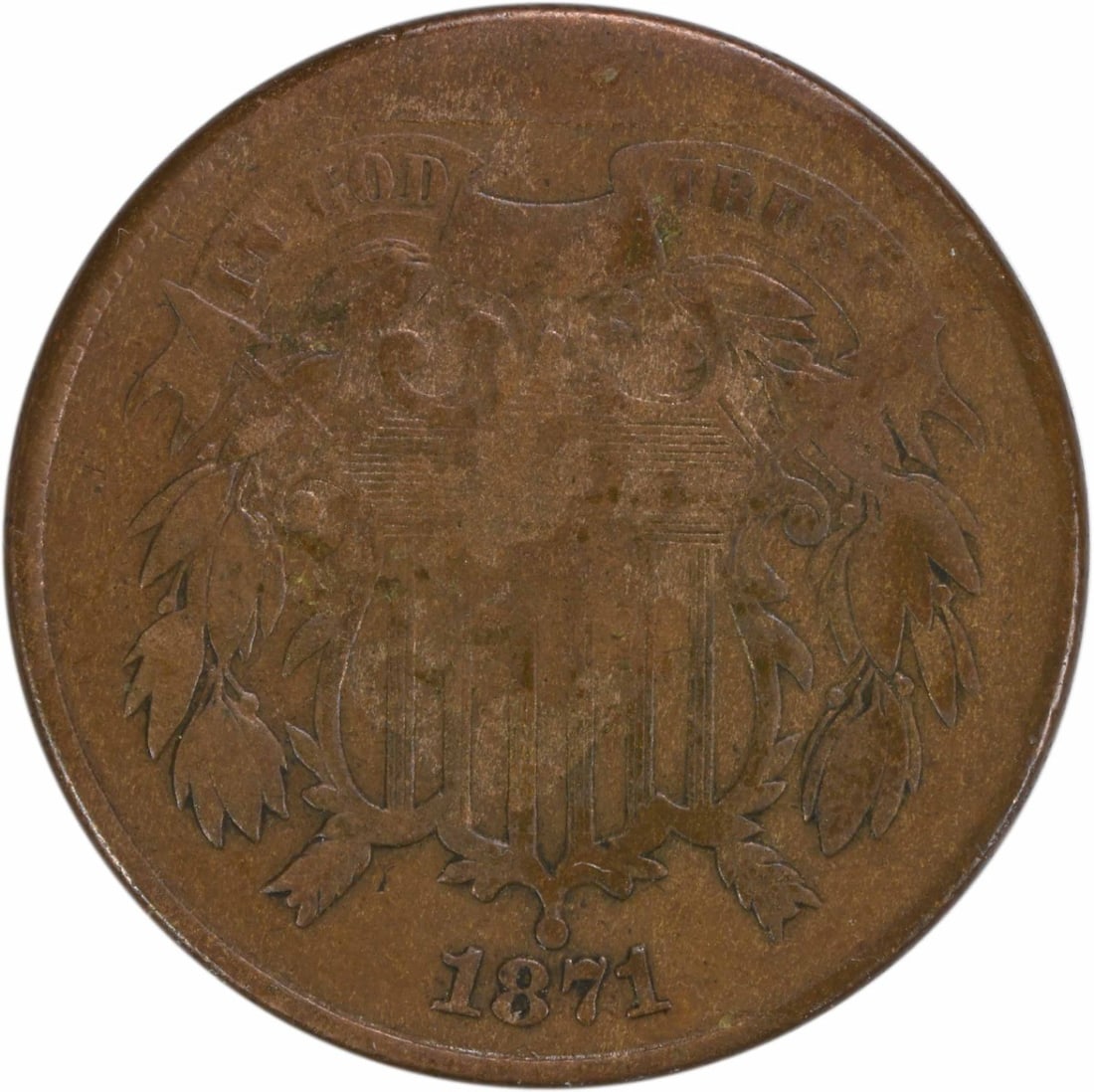 1871 Philadelphia Two Cent Piece Bronze Coin VG Uncertified #305: 1871 Philadelphia Two Cent Piece Bronze Coin VG Uncertified #305 This 1871 Two Cent Piece is a historical coin from the Philadelphia mint, featuring a design by James Barton Longacre. It is categorize