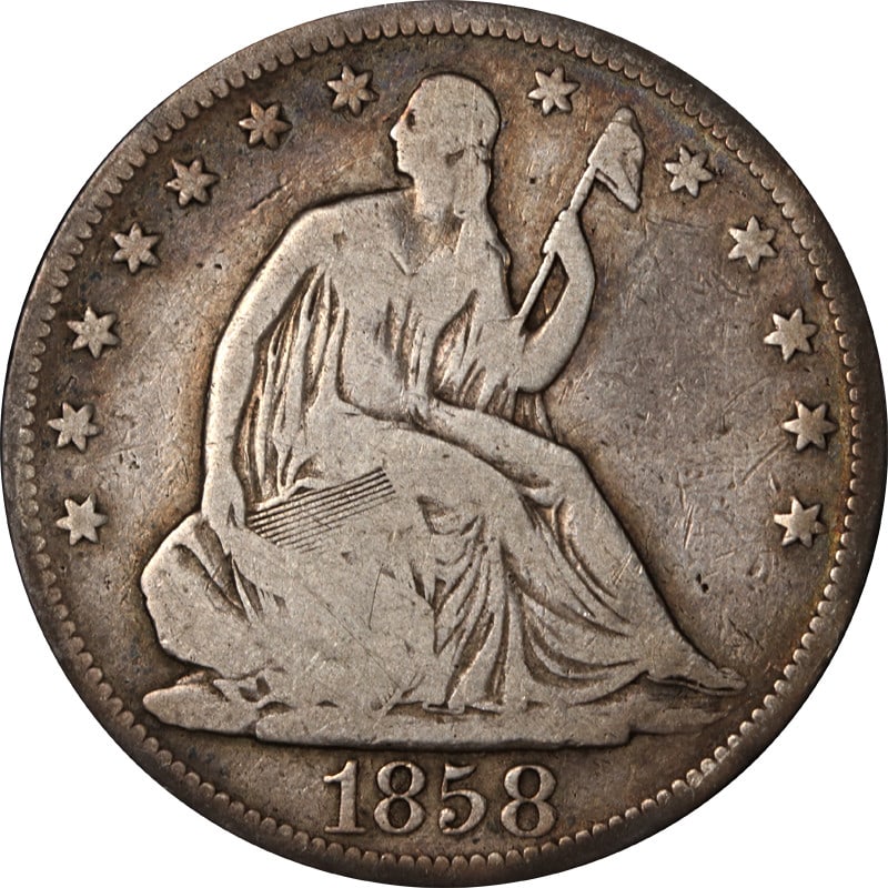 1858 Philadelphia Silver Seated Liberty Half Dollar United States Coin: 1858 Philadelphia Silver Seated Liberty Half Dollar United States Coin This is an 1858-P Seated Half Dollar coin from the United States. It is a circulated, pre-owned coin composed of silver, with a f