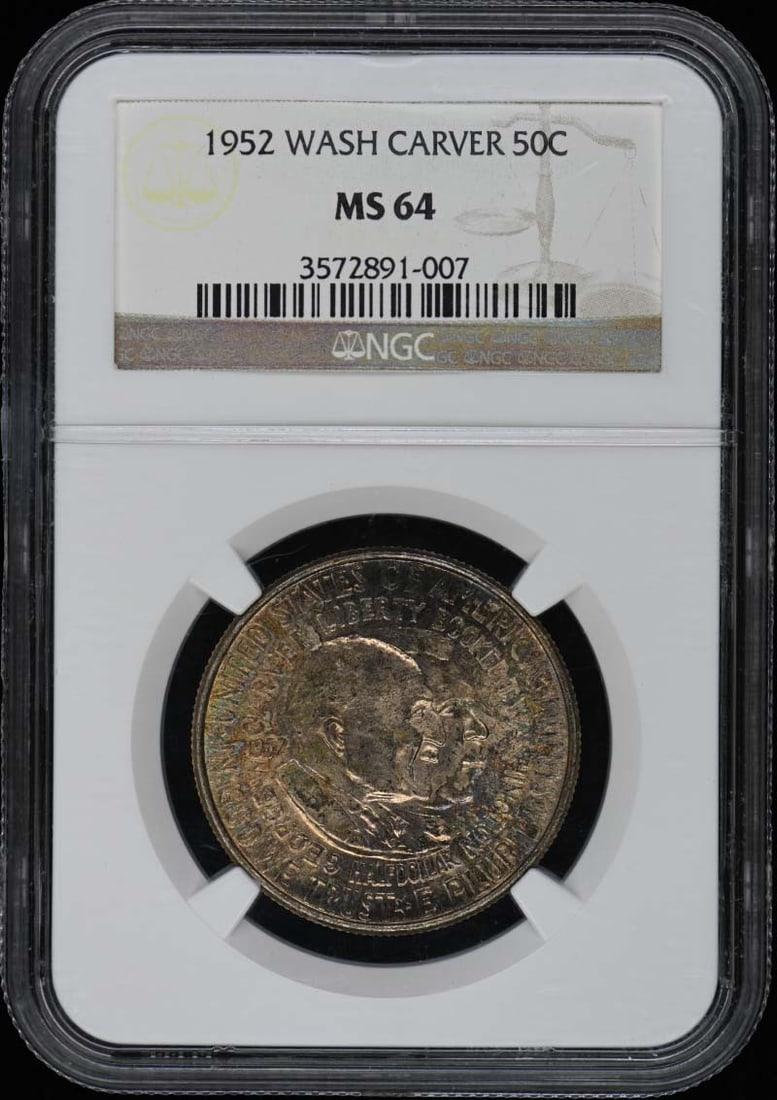 1952 Washington-Carver Silver Half Dollar NGC MS64 Philadelphia Mint: 1952 Washington-Carver Silver Half Dollar NGC MS64 Philadelphia Mint This 1952 Washington-Carver silver commemorative half dollar is graded MS64 by NGC and remains in an uncirculated, pre-owned condit
