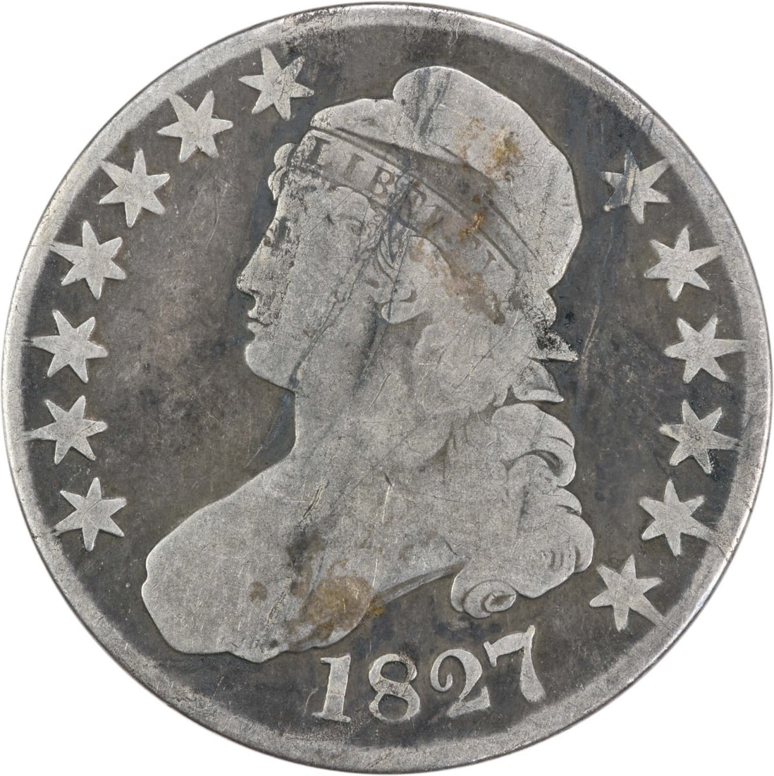 1827 Bust Half Dollar 50C VG Uncertified Philadelphia Mint: 1827 Bust Half Dollar 50C VG Uncertified Philadelphia Mint This 1827 Bust Half Dollar is a remarkable piece of numismatic history, originating from the United States and minted in Philadelphia. With a