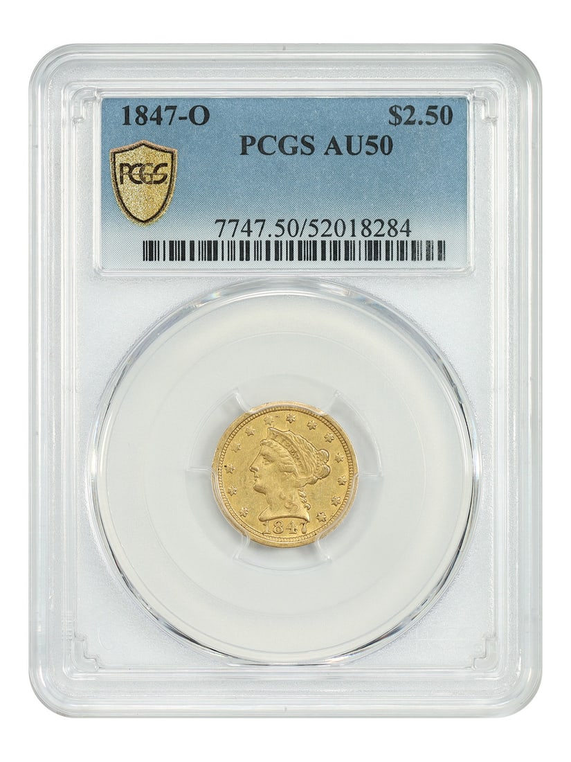 1847-O Liberty Head $2.50 Gold Coin PCGS AU50 New Orleans Mint: 1847-O Liberty Head $2.50 Gold Coin PCGS AU50 New Orleans Mint This 1847-O Liberty Head $2.5 gold coin is certified by PCGS with a grade of AU50. Struck at the New Orleans Mint, it is part of a low-mi