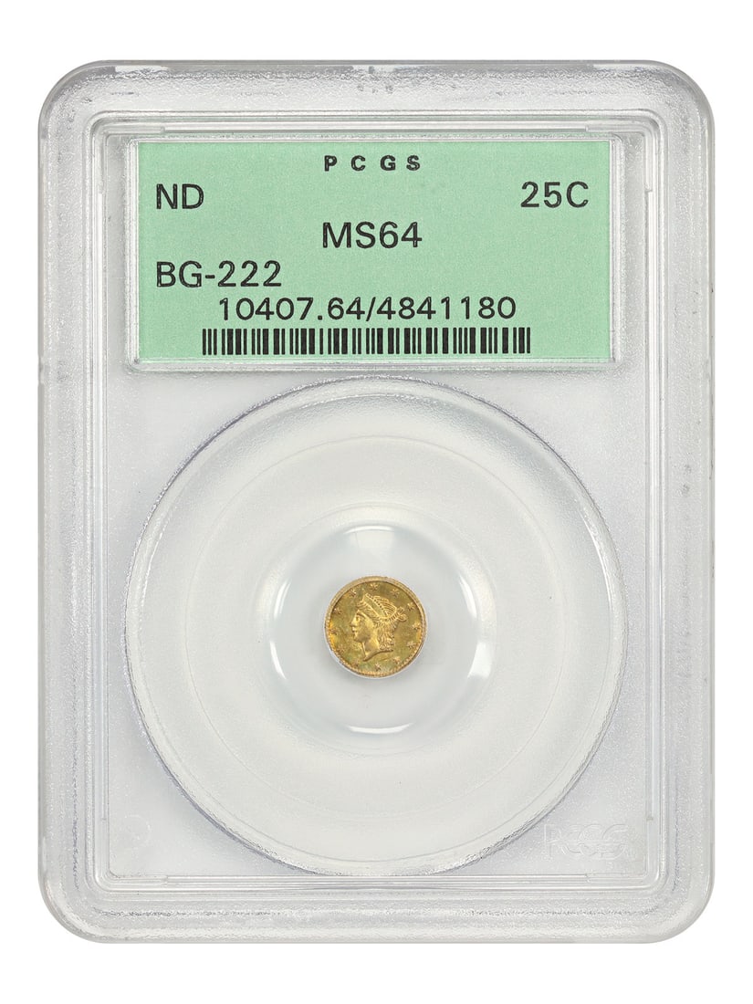 California Fractional Gold 25 Cent PCGS MS64 BG-222 OGH Uncirculated: California Fractional Gold 25 Cent PCGS MS64 BG-222 OGH Uncirculated This is a pre-owned California Fractional Gold 25 cent coin, graded MS64 by PCGS. It is uncirculated and was minted in Philadelphia