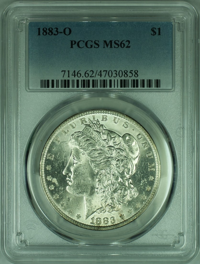 PCGS MS-62 1883-O Morgan Silver Dollar from New Orleans Mint: PCGS MS-62 1883-O Morgan Silver Dollar from New Orleans Mint This is an 1883-O Morgan Silver Dollar coin graded MS-62 by PCGS. Struck at the New Orleans Mint, this uncirculated coin is composed of 90%