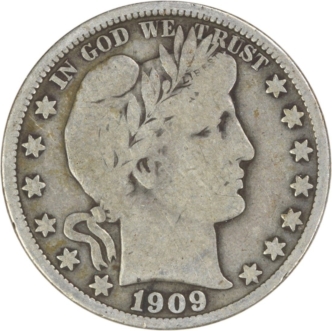 1909 Philadelphia Barber Half Dollar 90 Percent Silver Fine Grade Uncertified: 1909 Philadelphia Barber Half Dollar 90 Percent Silver Fine Grade Uncertified This 1909 Barber Half Dollar was minted in Philadelphia and features the classic design by Charles E. Barber. Composed of 