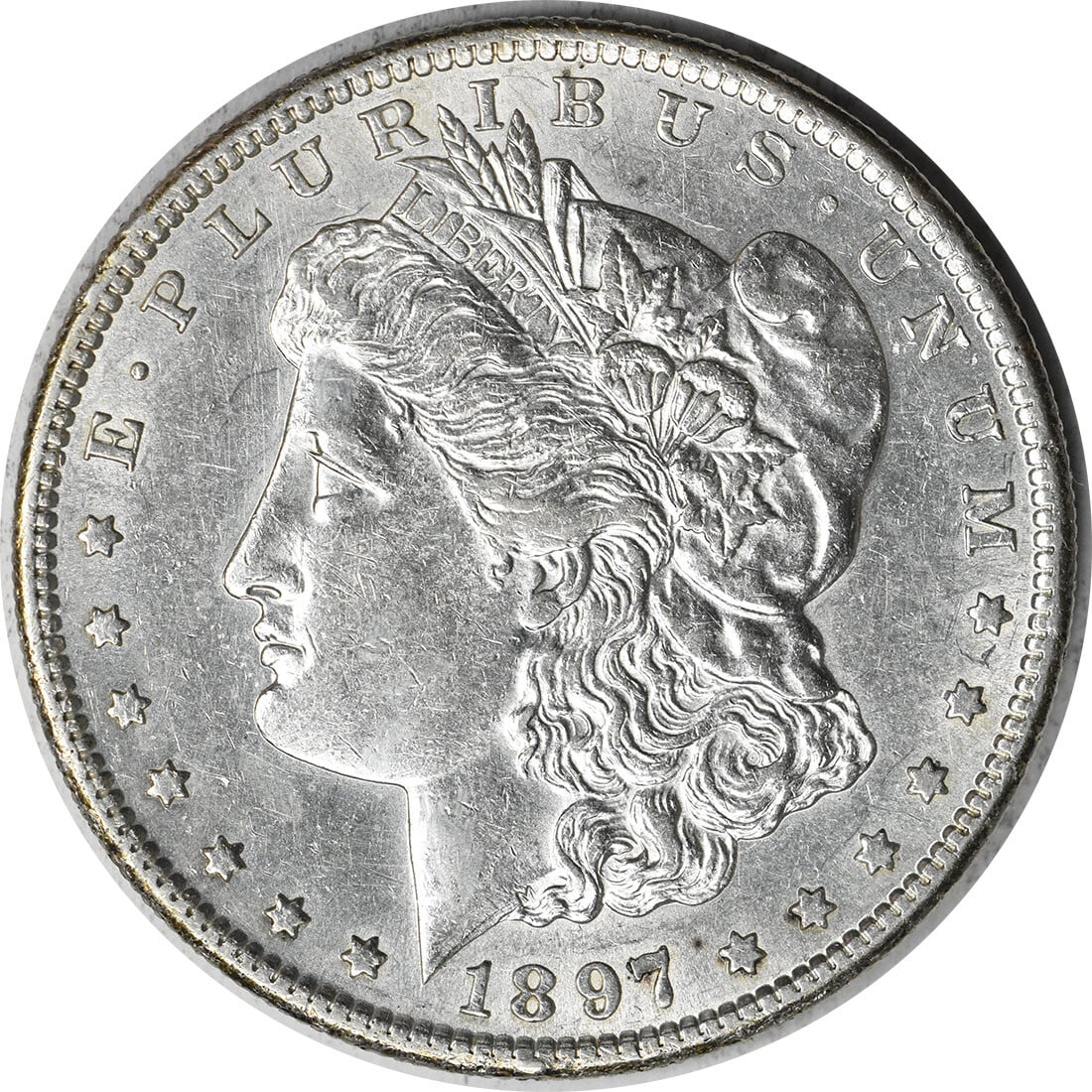 1897 San Francisco Morgan Dollar AU Grade Uncertified Silver Coin: 1897 San Francisco Morgan Dollar AU Grade Uncertified Silver Coin This 1897-S Morgan Silver Dollar is an attractive example from the San Francisco Mint. Struck in 90% silver and 10% copper, this circu
