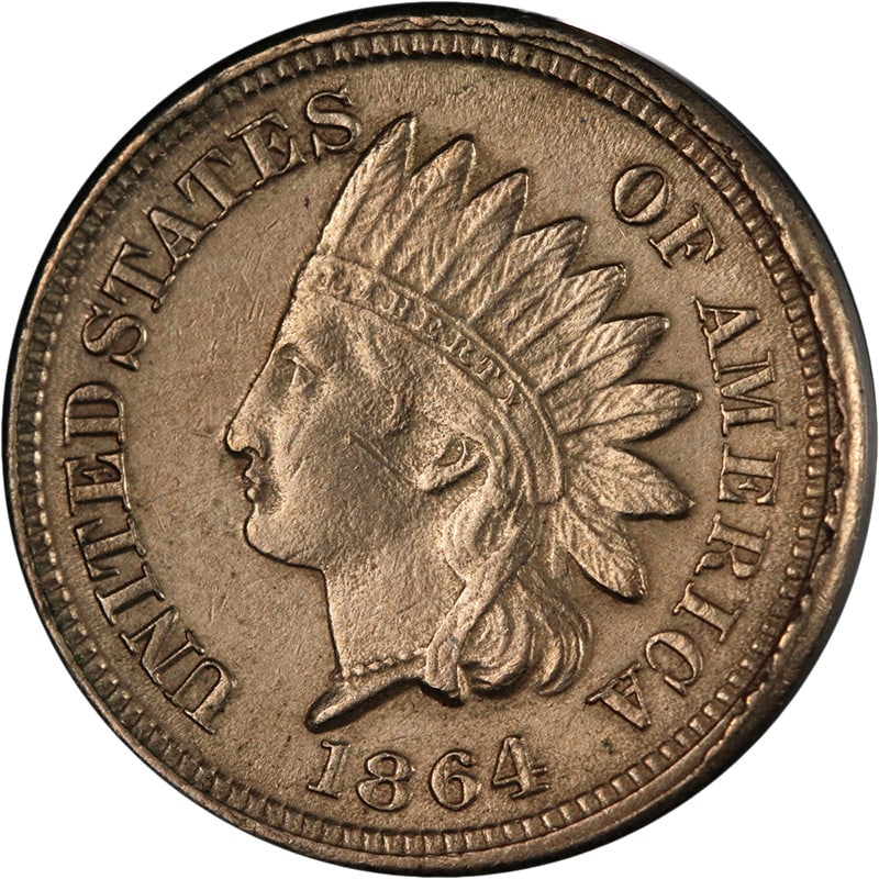 1864 Indian Cent Copper-Nickel AU/BU with Nice Eye Appeal: 1864 Indian Cent Copper-Nickel AU/BU with Nice Eye Appeal This 1864 Indian Cent displays attractive eye appeal with impressive luster and a well-defined strike. The coin features a composition of copp