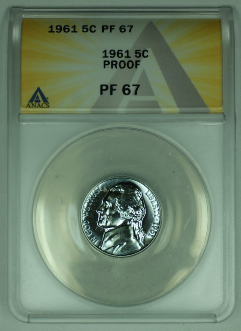 Toned 1961 Proof Jefferson Nickel ANACS PR 67 Five Cent Coin: Toned 1961 Proof Jefferson Nickel ANACS PR 67 Five Cent Coin This 1961 Jefferson Nickel is a United States 5-cent coin featuring a proof strike. Graded PR 67 by ANACS, it is uncirculated and displays 