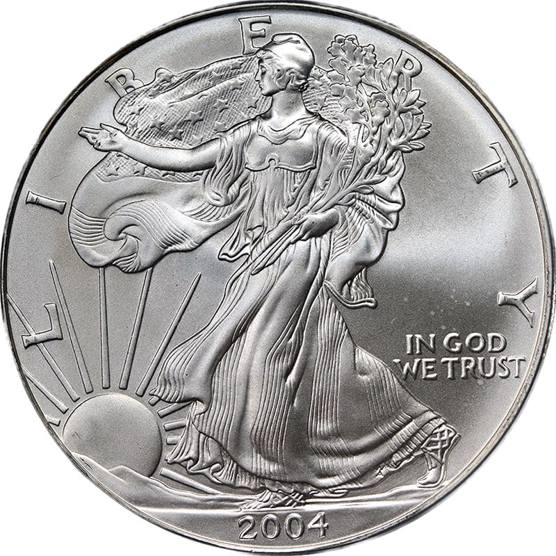 2004 ICG MS70 Silver American Eagle Dollar Coin Uncirculated: 2004 ICG MS70 Silver American Eagle Dollar Coin Uncirculated This 2004 Silver American Eagle $1 coin features superb eye appeal, fantastic luster, and a strong strike. It is certified by ICG with a gr