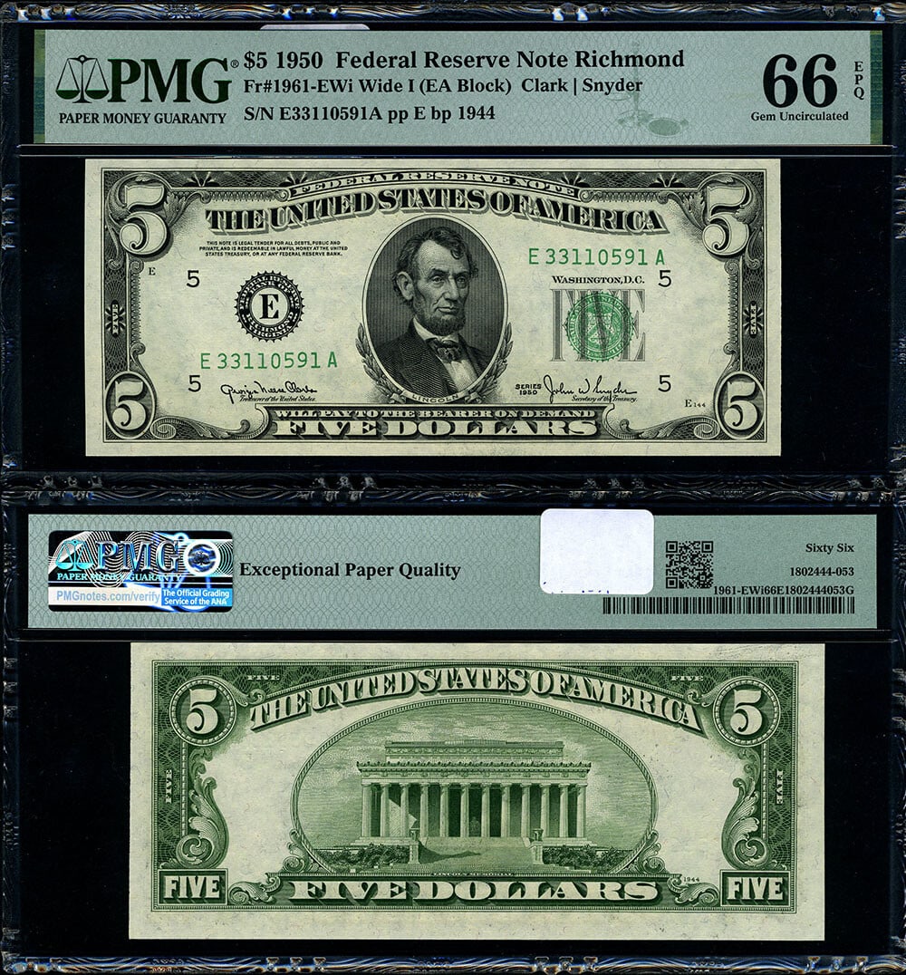 1950 $5 Federal Reserve Note Richmond E-A Block PMG CU66 EPQ: 1950 $5 Federal Reserve Note Richmond E-A Block PMG CU66 EPQ This 1950 Federal Reserve Note, designated as FR. 1961 EWi, features a denomination of $5 and originates from the Richmond E-A Block. It is