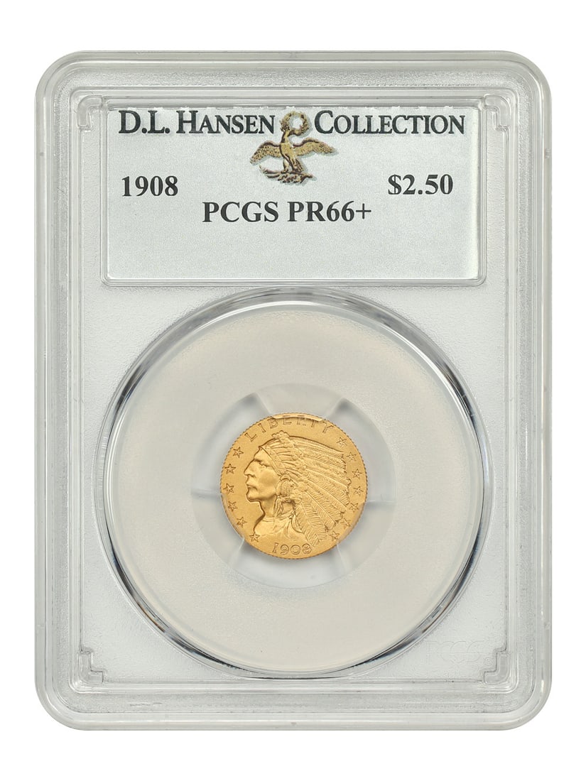 1908 PCGS PR66+ Indian Gold $2.50 Coin D.L. Hansen Collection: 1908 PCGS PR66+ Indian Gold $2.50 Coin D.L. Hansen Collection This stunning 1908 $2.50 Indian Gold Coin showcases the iconic incuse Indian Head design by Bela Lyon Pratt. Certified by PCGS with a grad