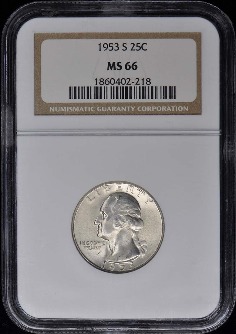 1953-S Washington Quarter NGC MS66 Uncirculated Coin: 1953-S Washington Quarter NGC MS66 Uncirculated Coin This 1953-S Washington Quarter, certified by NGC with a grade of MS66, is a remarkable piece for any coin collector. It was minted in San Francisco