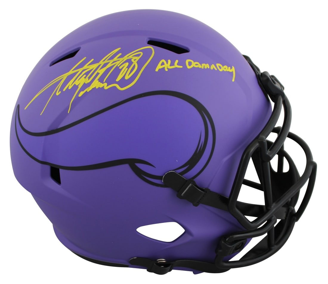 Adrian Peterson Signed Vikings Helmet with All Damn Day Inscription BAS Authenticated: Adrian Peterson Signed Vikings Helmet with All Damn Day Inscription BAS Authenticated This full-size Riddell Speed Replica helmet features the iconic inscription "All Damn Day" and is personally signe