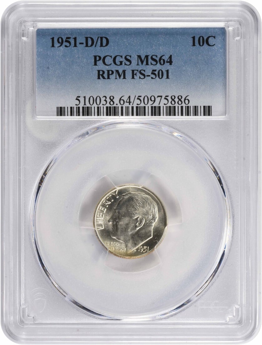 1951-D/D Roosevelt Silver Dime PCGS MS64 Uncirculated: 1951-D/D Roosevelt Silver Dime PCGS MS64 Uncirculated This 1951-D/D Roosevelt Silver Dime features a lustrous uncirculated grade of MS64, certified by PCGS. Struck from silver, this 10-cent piece show