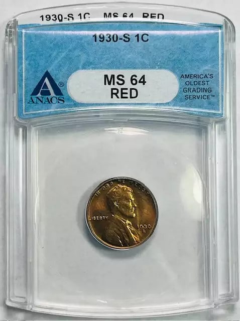 1930 S Lincoln Wheat Penny ANACS MS 64 Red Uncirculated Coin: 1930 S Lincoln Wheat Penny ANACS MS 64 Red Uncirculated Coin This 1930 S Small Cents Lincoln Wheat Penny is a remarkable find for collectors. Certified by ANACS with a grade of MS 64, it is an uncircu