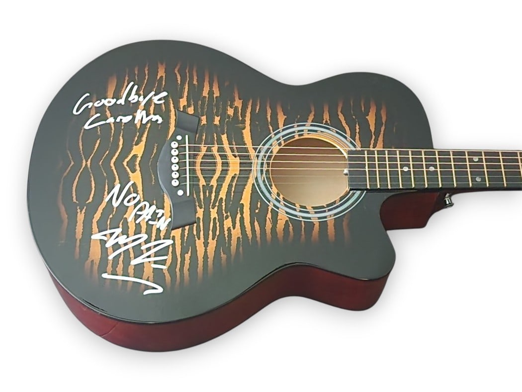 Custom Acoustic Guitar Autographed by Marcus King with Goodbye Carrolina Inscription JSA: Custom Acoustic Guitar Autographed by Marcus King with Goodbye Carrolina Inscription JSA This is a pre-owned custom acoustic guitar autographed by Marcus King, featuring a song inscription for "Goodby