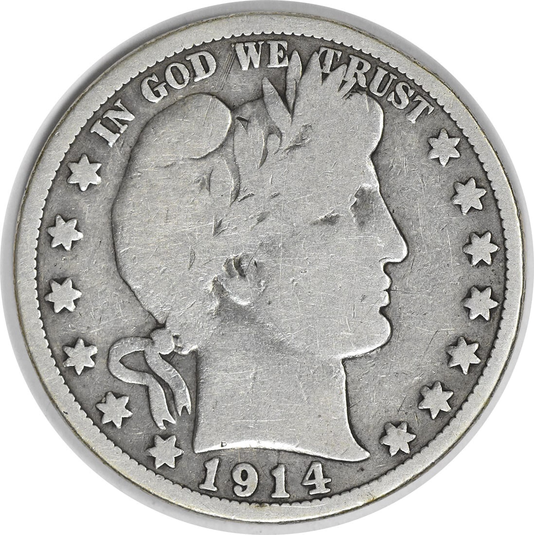 1914 Philadelphia Barber Half Dollar 90 Percent Silver VG Grade Uncertified: 1914 Philadelphia Barber Half Dollar 90 Percent Silver VG Grade Uncertified This is a 1914 Barber Half Dollar coin from the United States, designed by Charles E. Barber. The coin is circulated and in 
