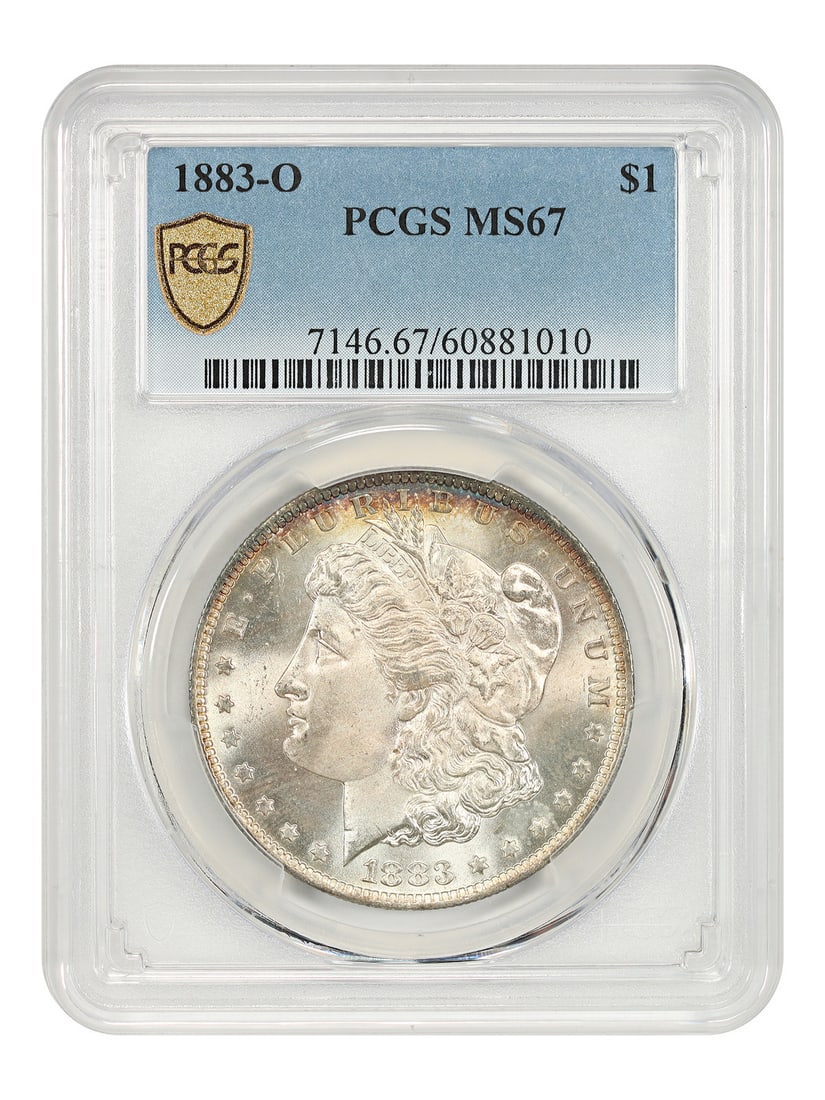 PCGS MS67 1883-O Morgan Silver Dollar Uncirculated New Orleans Mint: PCGS MS67 1883-O Morgan Silver Dollar Uncirculated New Orleans Mint This is an 1883-O Morgan Dollar graded MS67 by PCGS. Struck at the New Orleans Mint, this uncirculated coin is notable for its high 