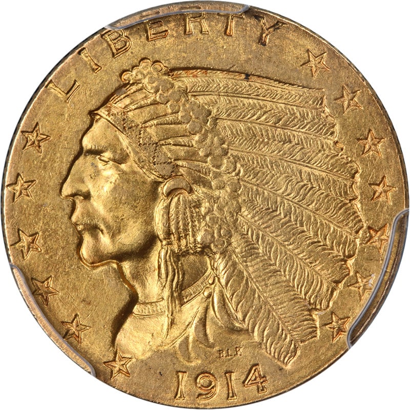 1914 Denver Mint Indian Gold Quarter Eagle PCGS MS62: 1914 Denver Mint Indian Gold Quarter Eagle PCGS MS62 This stunning 1914-D Indian Gold $2.50 coin is certified by PCGS with a grade of MS62, showcasing great eye appeal and a strong strike. The coin fe