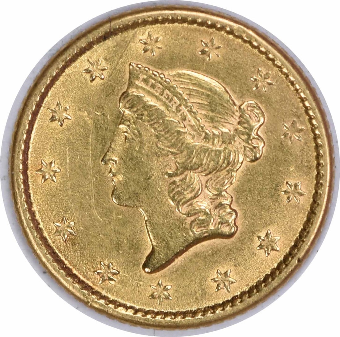 1853 $1 Gold Type 1 Coin AU by Longacre Philadelphia: 1853 $1 Gold Type 1 Coin AU by Longacre Philadelphia This 1853 $1 Gold Type 1 coin is a beautiful representation of American numismatics. Designed by James Barton Longacre, this coin has a composition
