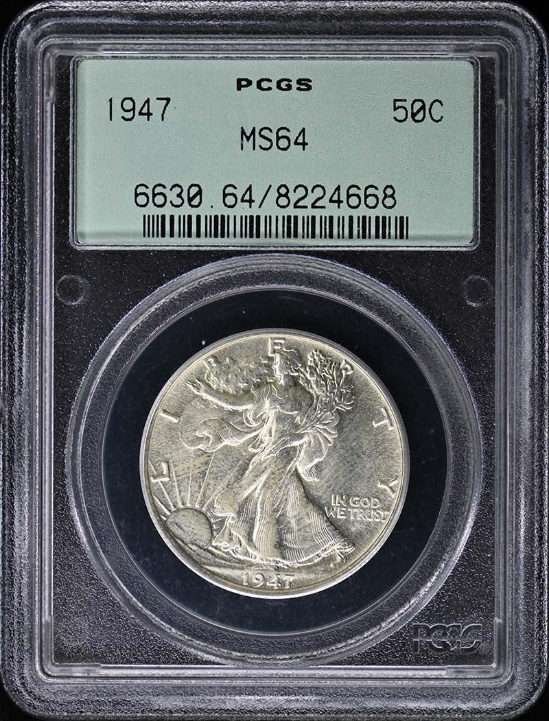 1947 Walking Liberty Half Dollar PCGS MS64 Uncirculated: 1947 Walking Liberty Half Dollar PCGS MS64 Uncirculated This 1947 Walking Liberty Half Dollar, certified by PCGS with a grade of MS64, showcases exceptional quality and is uncirculated. It was minted 