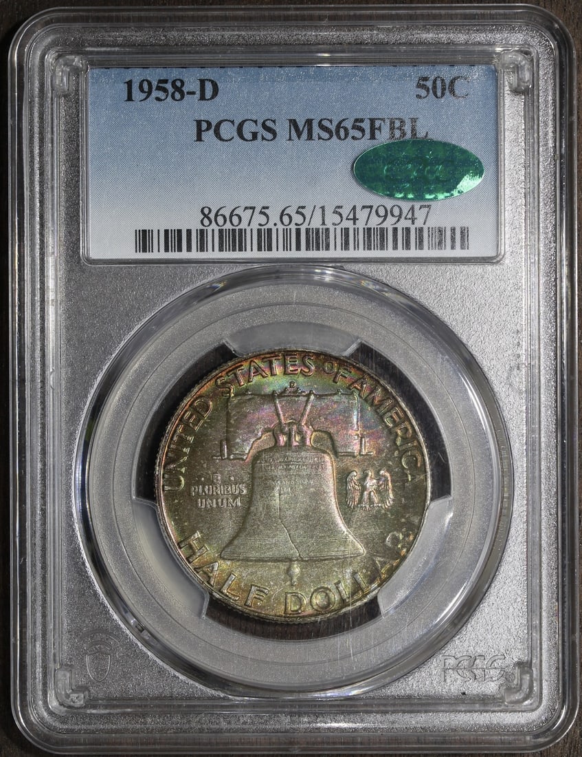 1958-D PCGS CAC Silver Franklin Half Dollar MS65FBL with Attractive Reverse Toning: 1958-D PCGS CAC Silver Franklin Half Dollar MS65FBL with Attractive Reverse Toning This 1958-D Franklin Half Dollar features a grade of MS65FBL, certified by PCGS and CAC. Struck in Denver, this uncir