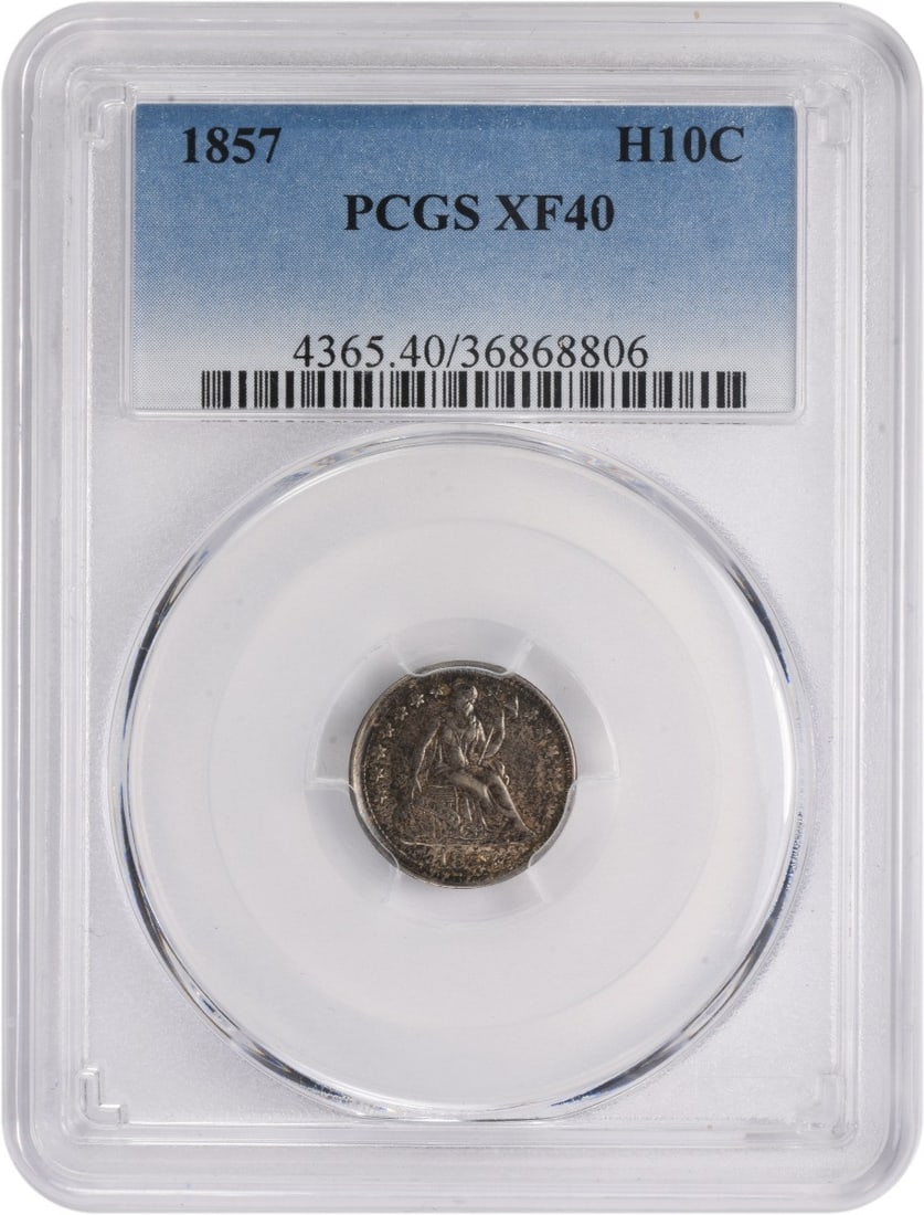 1857 Liberty Seated Half Dime EF40 PCGS 90% Silver Coin: 1857 Liberty Seated Half Dime EF40 PCGS 90% Silver Coin This 1857 Liberty Seated Silver Half Dime, graded EF40 by PCGS, showcases the artistry of designer Christian Gobrecht. Struck in Philadelphia, t