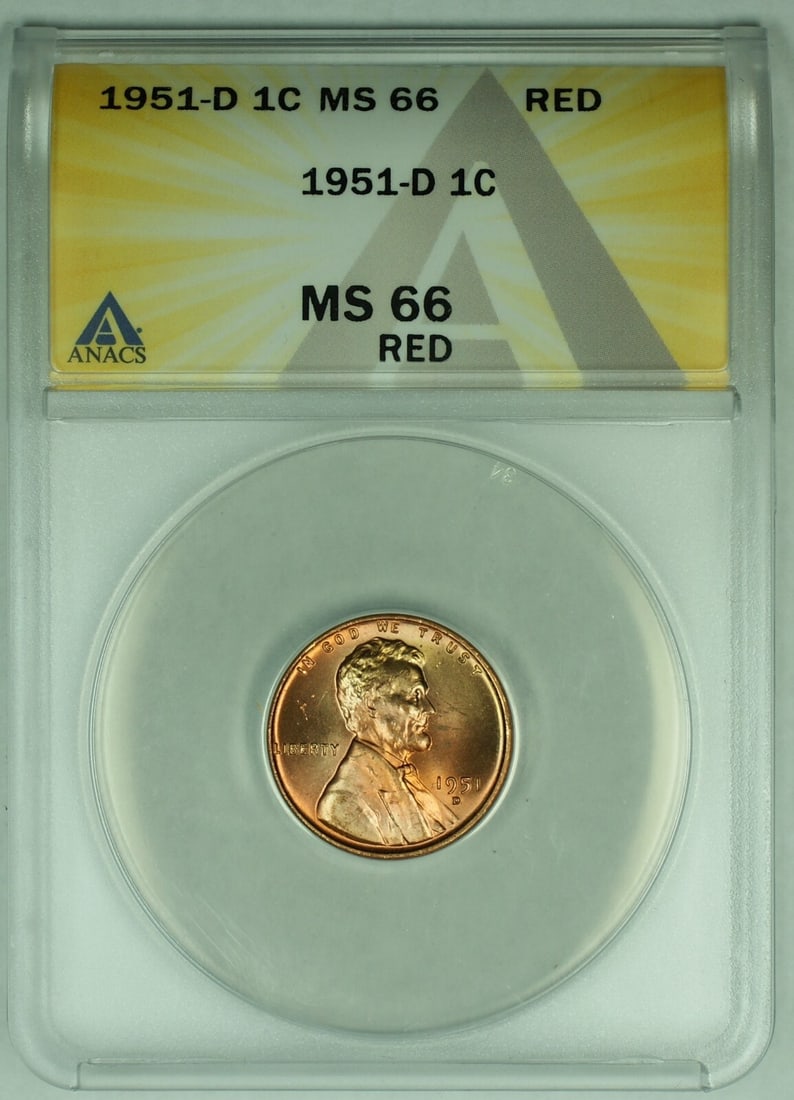 ANACS MS 66 RD 1951-D Lincoln Wheat Small Cent Uncirculated Coin: ANACS MS 66 RD 1951-D Lincoln Wheat Small Cent Uncirculated Coin This is a 1951-D Lincoln Wheat Cent 1C coin, certified by ANACS with a grade of MS 66 RD. The coin is uncirculated and features the cla