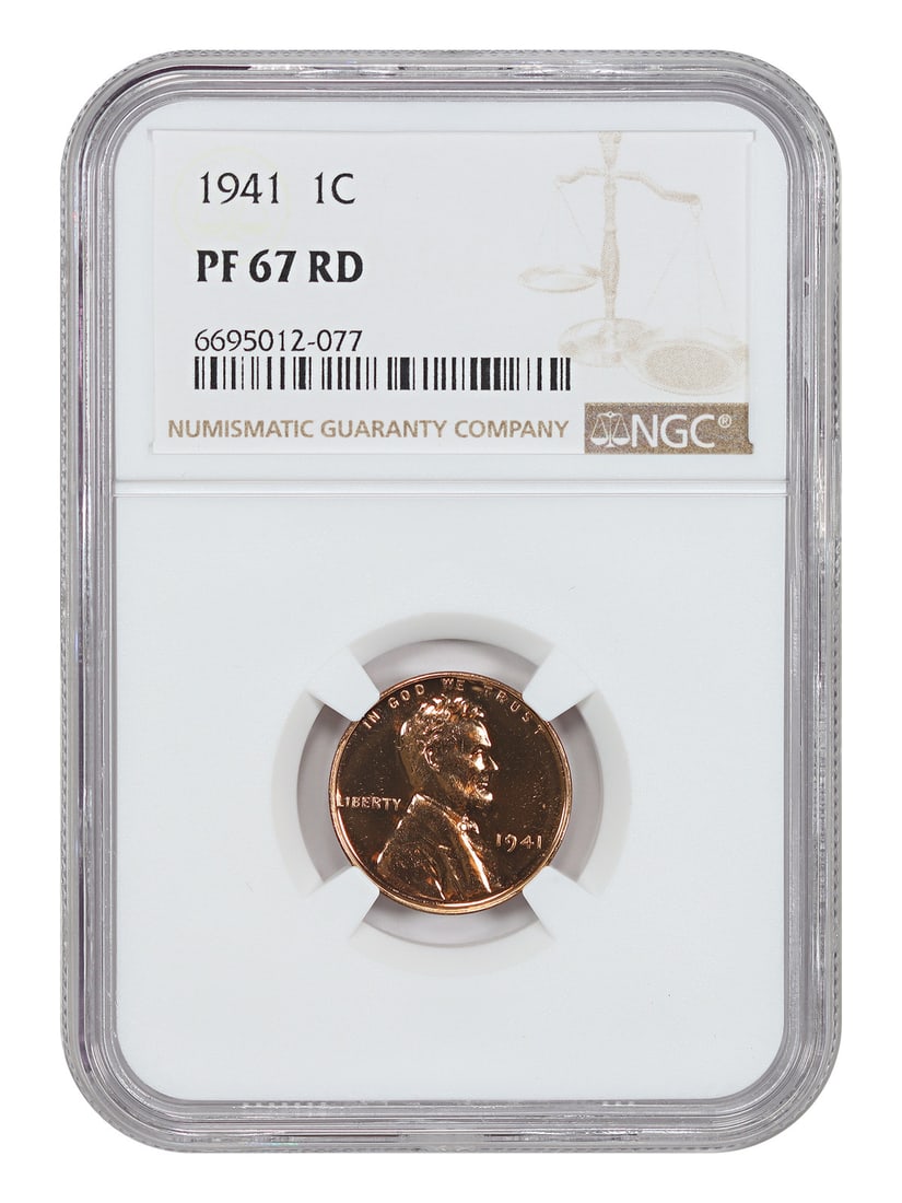 NGC PR67RD 1941 Lincoln Wheat Cent Proof Red Uncirculated: NGC PR67RD 1941 Lincoln Wheat Cent Proof Red Uncirculated This is a 1941 Lincoln Cent (Wheat Reverse) proof coin graded PR67RD by NGC. It features a lovely red proof appearance and is a top-tier examp