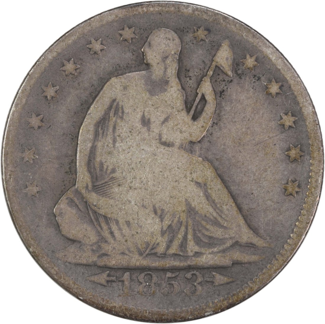 1853 Liberty Seated Half Dollar 50C Uncertified Philadelphia Mint: 1853 Liberty Seated Half Dollar 50C Uncertified Philadelphia Mint This 1853 Liberty Seated Half Dollar features the striking design of Seated Liberty and is a notable piece in American numismatics. St