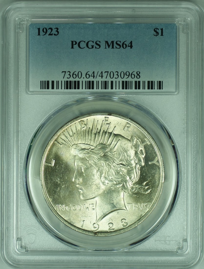 PCGS MS-64 Peace Dollar 1923 Silver $1 Philadelphia Mint: PCGS MS-64 Peace Dollar 1923 Silver $1 Philadelphia Mint This 1923 Peace Silver Dollar is a $1 coin from the United States, composed of 90% silver. Struck at the Philadelphia Mint, it is graded MS 64 