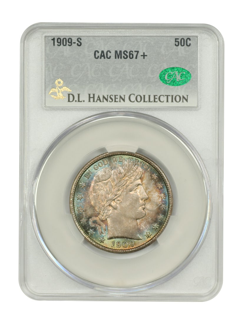 1909-S Barber Half Dollar CACG MS67+ Stunning Colors: 1909-S Barber Half Dollar CACG MS67+ Stunning Colors This 1909-S Barber Half Dollar is a remarkable specimen certified by CACG with a grade of MS67+. It features a striking uncirculated finish, showca