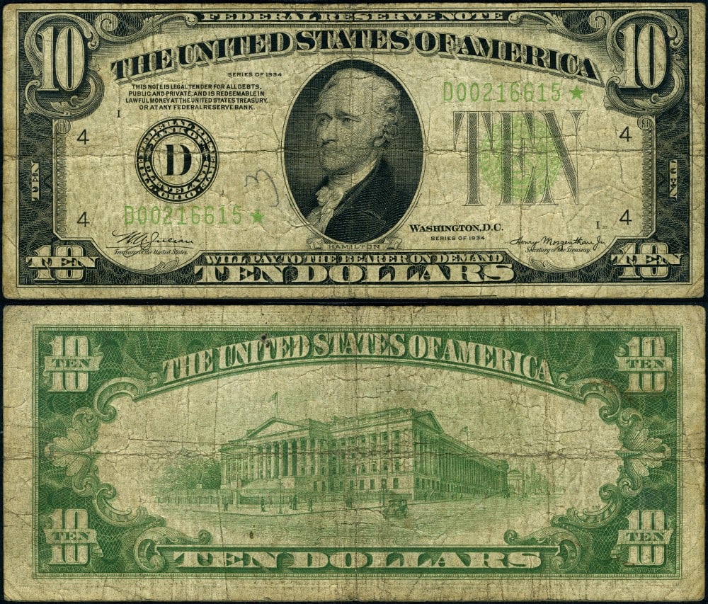 1934 $10 Federal Reserve Note DGS Fine Cleveland Non-Mule: 1934 $10 Federal Reserve Note DGS Fine Cleveland Non-Mule This 1934 Federal Reserve Note, designated as FR. 2005 D* $10, is a notable example of early Star notes. It is categorized as circulated and h