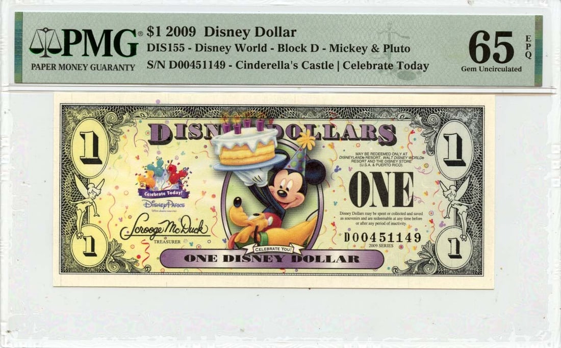 2009 Disney $1 Note Mickey Pluto Cinderella Castle PMG Gem65 EPQ: 2009 Disney $1 Note Mickey Pluto Cinderella Castle PMG Gem65 EPQ This 2009 $1 Disney Dollar features Mickey Mouse, Pluto, and Cinderella's Castle. It is certified by PMG with a grade of MS65 Gem Uncir