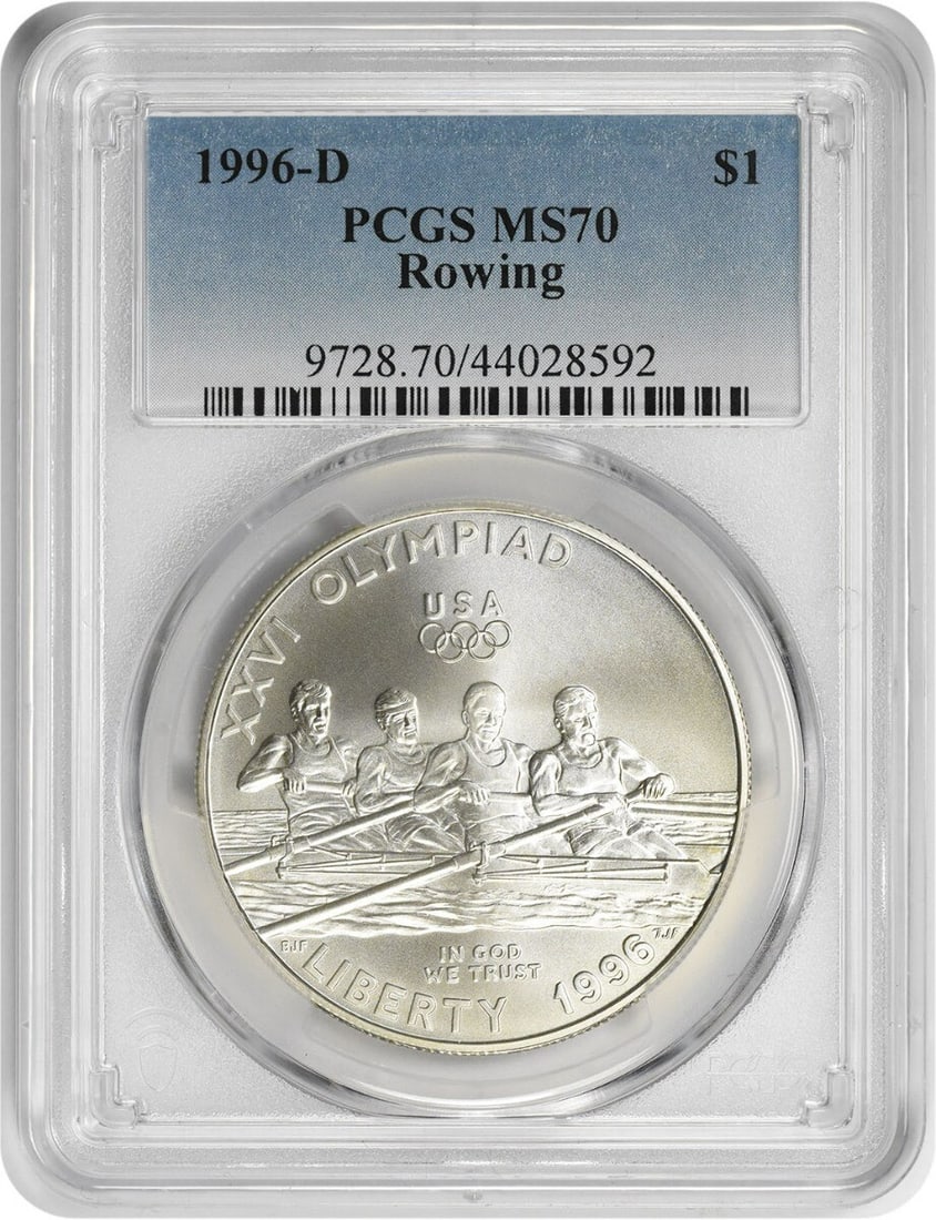 PCGS MS70 1996-D Olympic Rowing Commemorative Silver Dollar Coin: PCGS MS70 1996-D Olympic Rowing Commemorative Silver Dollar Coin This 1996-D Rowing Olympic Commemorative Dollar is a silver coin issued by the United States. Graded MS70 by PCGS, it is in uncirculate