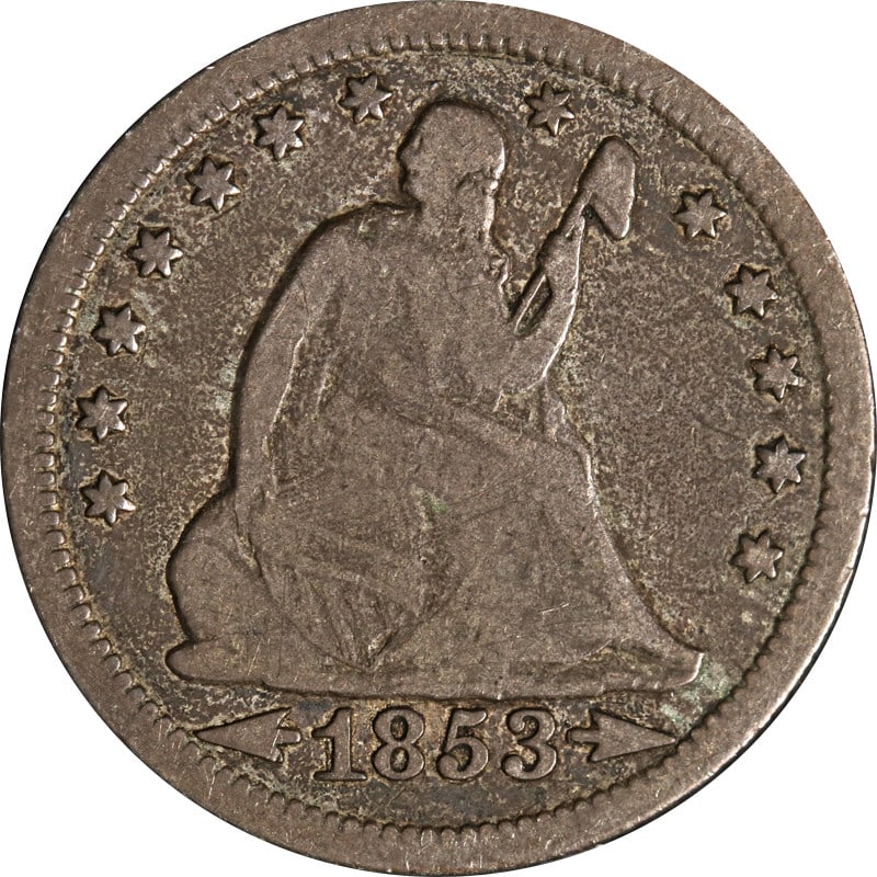 1853-O Seated Liberty Quarter Silver Arrows Rays: 1853-O Seated Liberty Quarter Silver Arrows Rays This 1853-O Seated Liberty Quarter features the distinctive Arrows and Rays design, showcasing the classic artistry of the era. The coin is made of sil