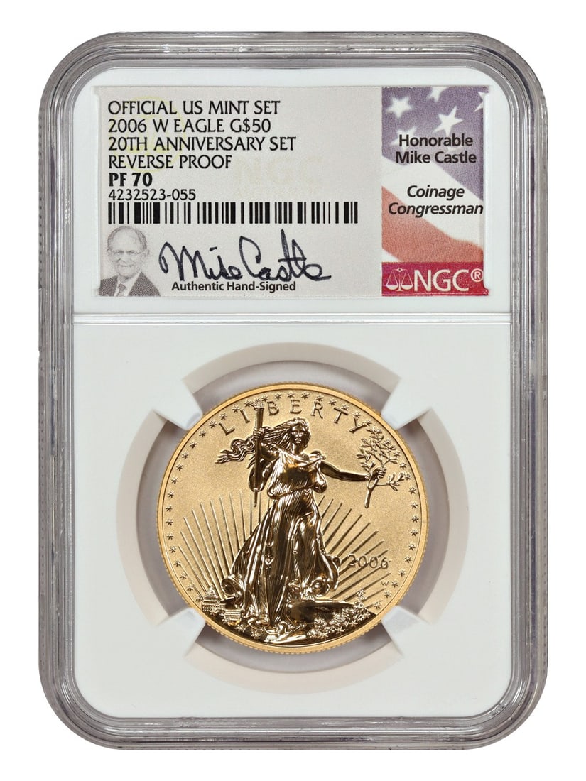 2006-W NGC PR70 Reverse Proof $50 Gold Eagle Castle Signed: 2006-W NGC PR70 Reverse Proof $50 Gold Eagle Castle Signed This 2006-W $50 Gold Eagle is a proof coin graded PR70 by NGC. It features the Castle Signature and is certified with the number 4232523055. 
