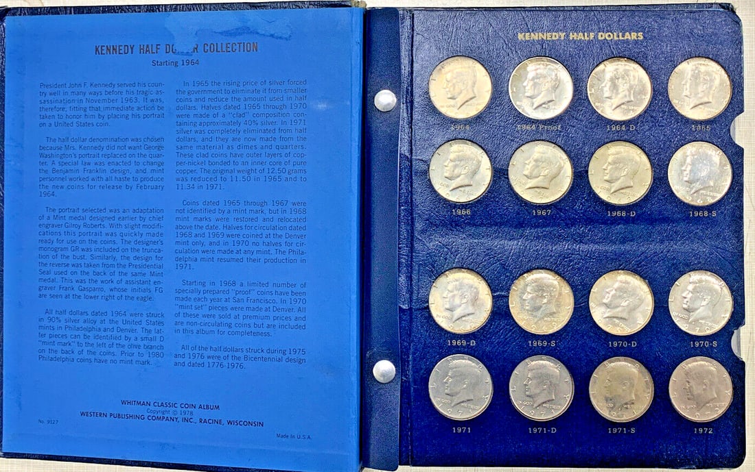Kennedy Half Dollar Set 1964-2001 in Whitman Deluxe Album Silver Clad and Proof: Kennedy Half Dollar Set 1964-2001 in Whitman Deluxe Album Silver Clad and Proof This set features Kennedy Half Dollar coins from 1964 to 2001, including both silver-clad and proof coins housed in a Wh